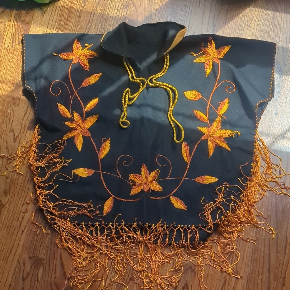 Embroidered Black Poncho with Orange Floral Design